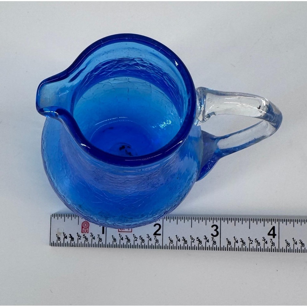 Blenko or Pilgrim Style Cobalt Crackle Glass Pitcher Decor Creamer Jug 3.5 in - Picture 8 of 9